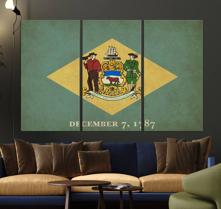 The Delaware States Flag Wall Art Canvas Print, featuring museum-quality material and a UV-protective coating, hangs elegantly, ready to be admired.