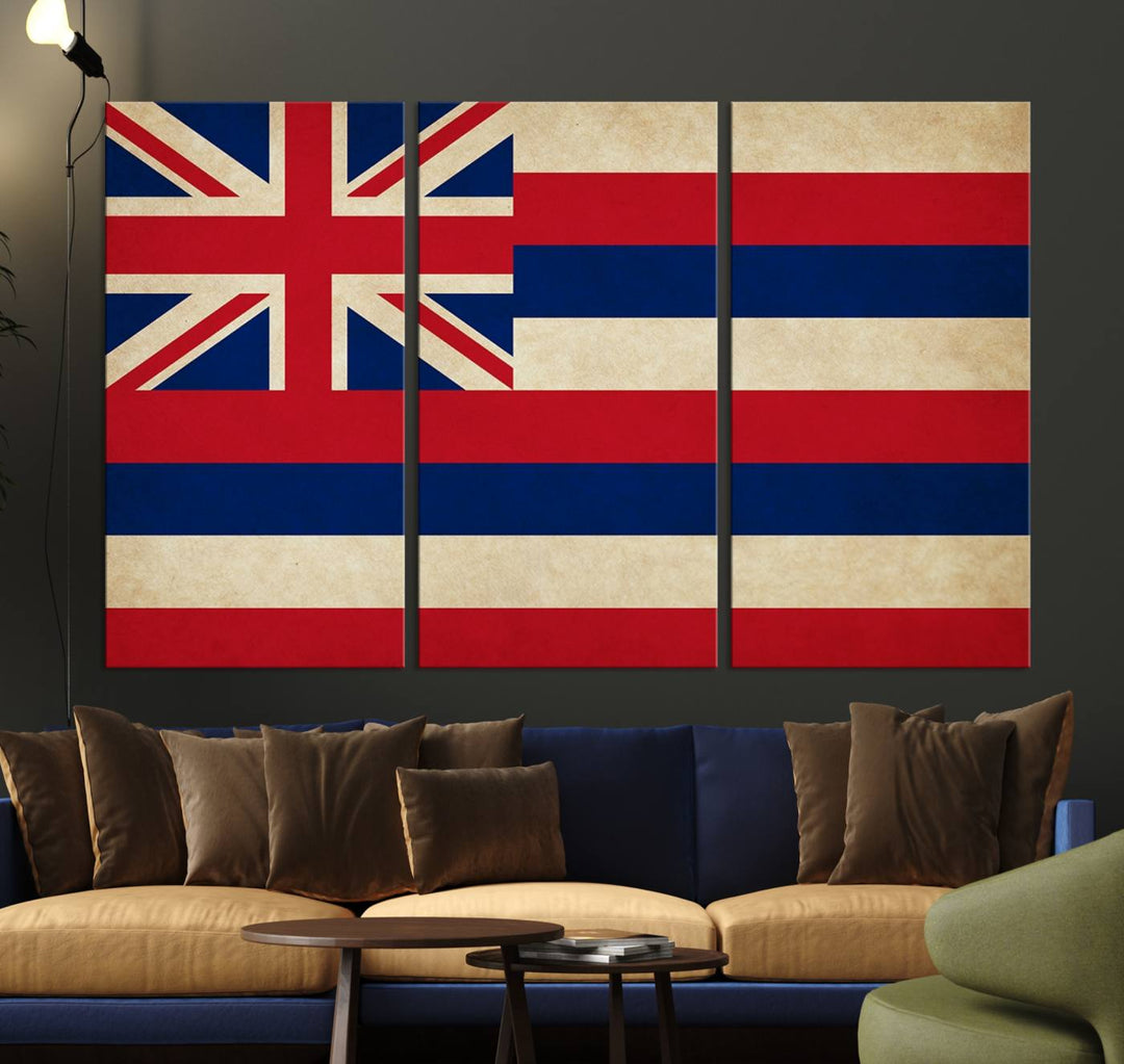 A stunning piece titled "Hawaii USA States Flag Wall Art Canvas Print" adorns the wall. This gallery-wrapped artwork is printed on museum-quality canvas and features a UV-protective coating, ensuring its vibrant colors remain timelessly beautiful.