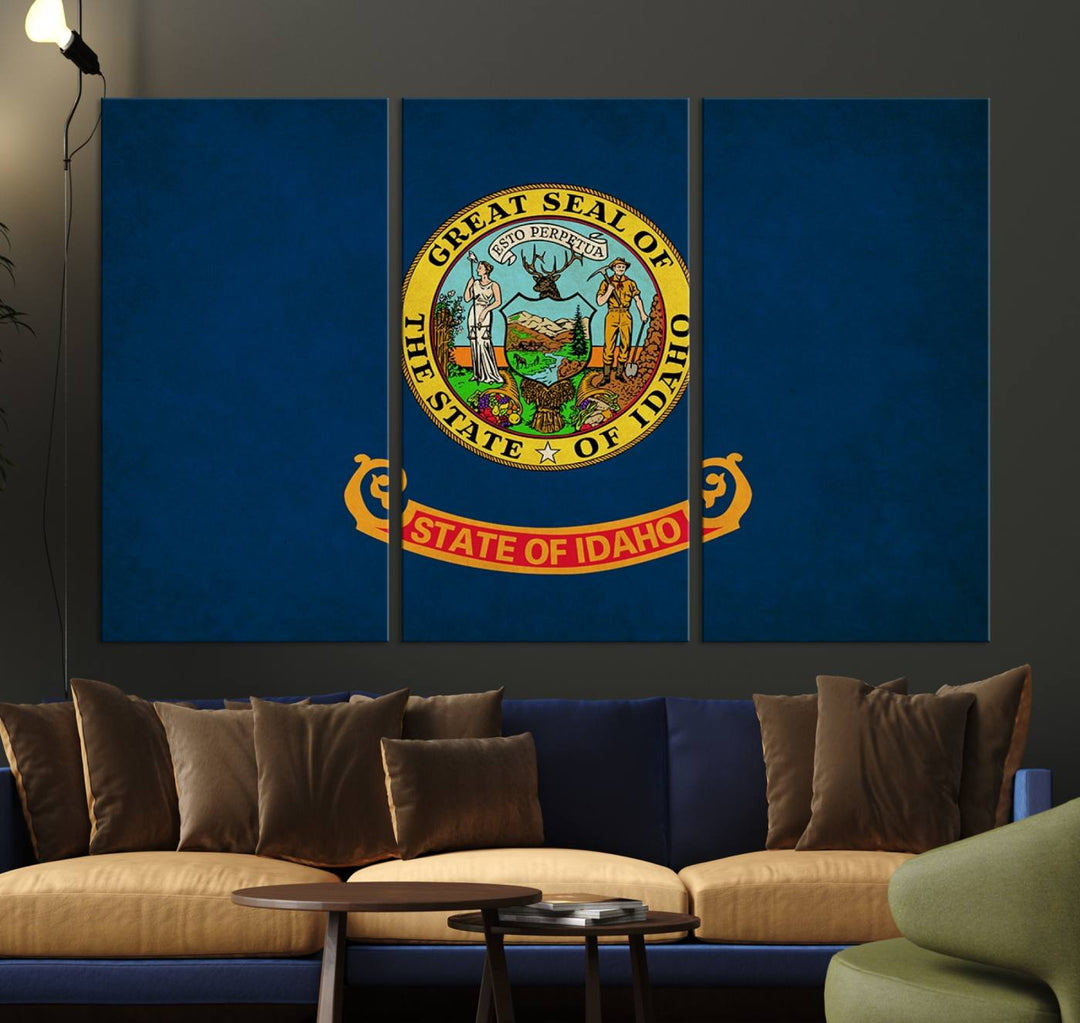 The Idaho USA States Flag Wall Art Canvas Print, featuring a UV-protective coating for lasting vibrancy, is ready to hang.