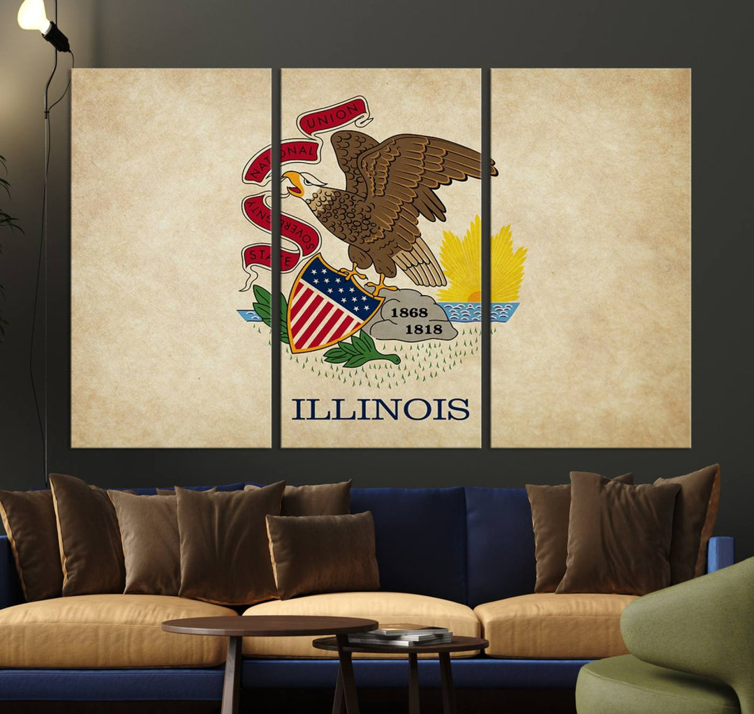 The Illinois State Flag Wall Art Canvas Print, crafted on museum-quality canvas with a UV-protective coating, is displayed prominently.