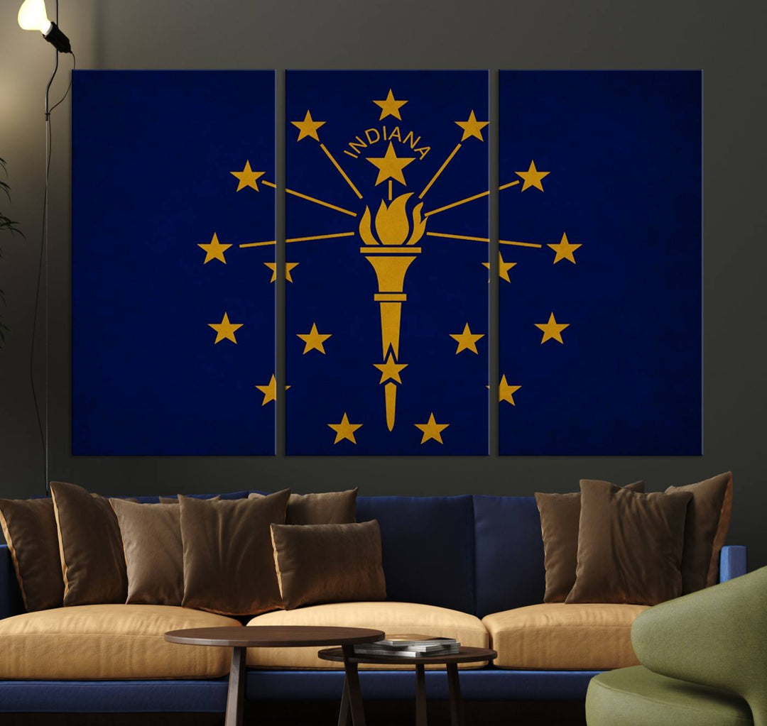 The Indiana States Flag Wall Art Canvas Print, featuring museum-quality canvas with a UV-protective coating, adorns the wall and brings an elegant and charming touch to your living space. Ready to hang, this piece becomes a standout feature in any room.