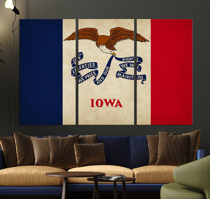 A beautiful Iowa States Flag Wall Art enhances the area, made on museum-quality canvas and boasting a gallery-wrapped design for enduring elegance.