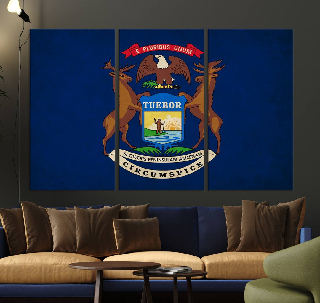 A piece of Michigan State Flag Wall Art on museum-quality canvas features a UV-protective coating to maintain its vibrant colors.