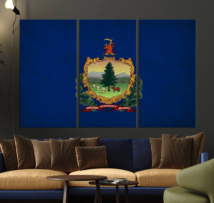 The Vermont Flag Wall Art Canvas Print is a museum-quality piece enhanced with UV-protective finishes, offering both style and durability. Enjoy free shipping on this classic decor addition.