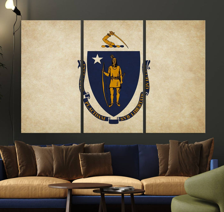 The Massachusetts State of Flag Wall Art Canvas Print, handcrafted on a museum-quality canvas with UV-protective coating, decorates the wall. It is ready to hang and adds a touch of elegance to the space.