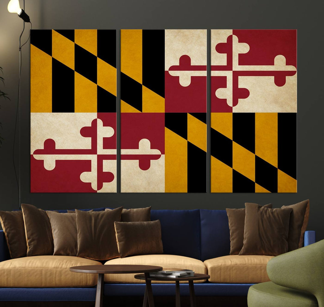 The Maryland Flag Wall Art Canvas Print, boasting a UV-protective coating for vibrant colors and durability, is a museum-quality piece offered with free shipping, making it the perfect addition to your space.