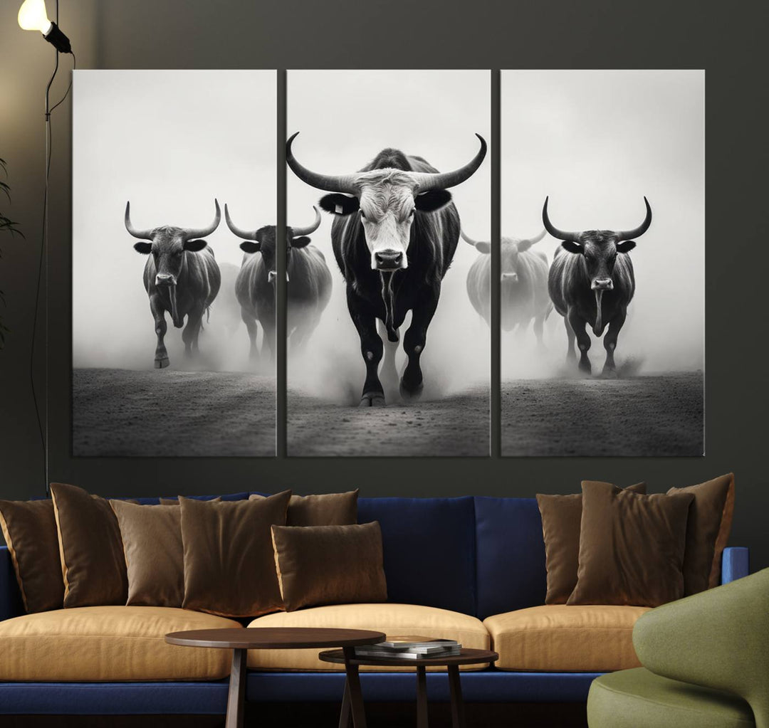 The Texas Longhorn Cow Animal Wall Art Canvas Print beautifully embellishes the area with its depiction of longhorn cattle in a misty setting, seamlessly integrating Western decor into the space.