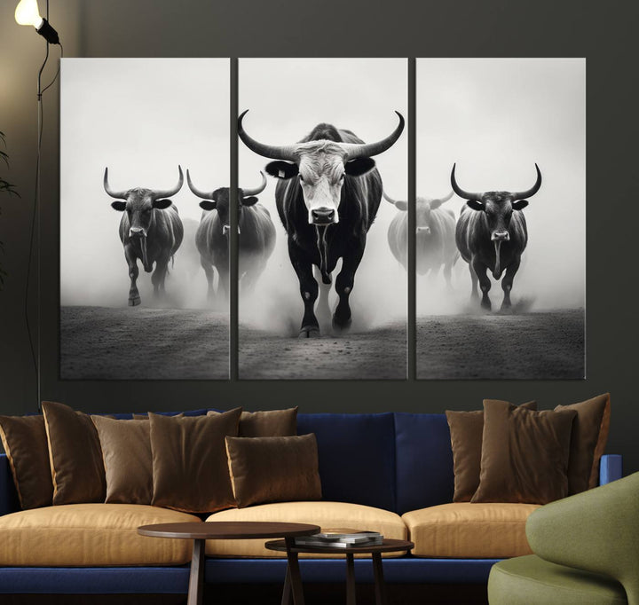 The Texas Longhorn Cow Animal Wall Art Canvas Print beautifully embellishes the area with its depiction of longhorn cattle in a misty setting, seamlessly integrating Western decor into the space.