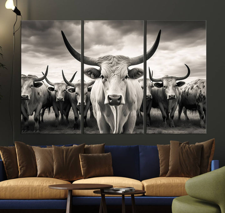 A Texas Longhorn Cow Animal Wall Art Canvas Print introduces a Western-themed accent.