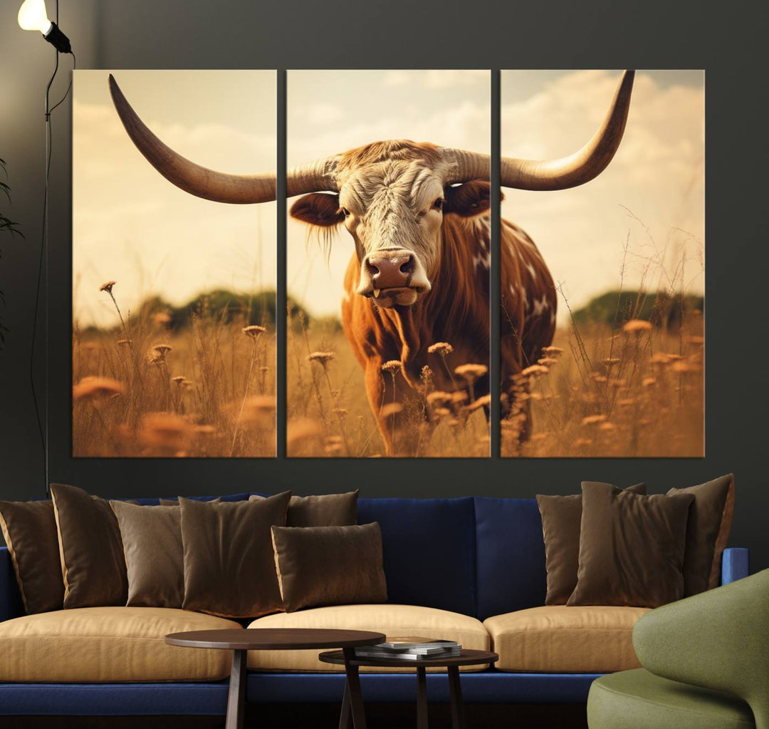 Cow Bighorn Wall Art Canvas Print, Longhorn Texas Cow Animal Canvas Print