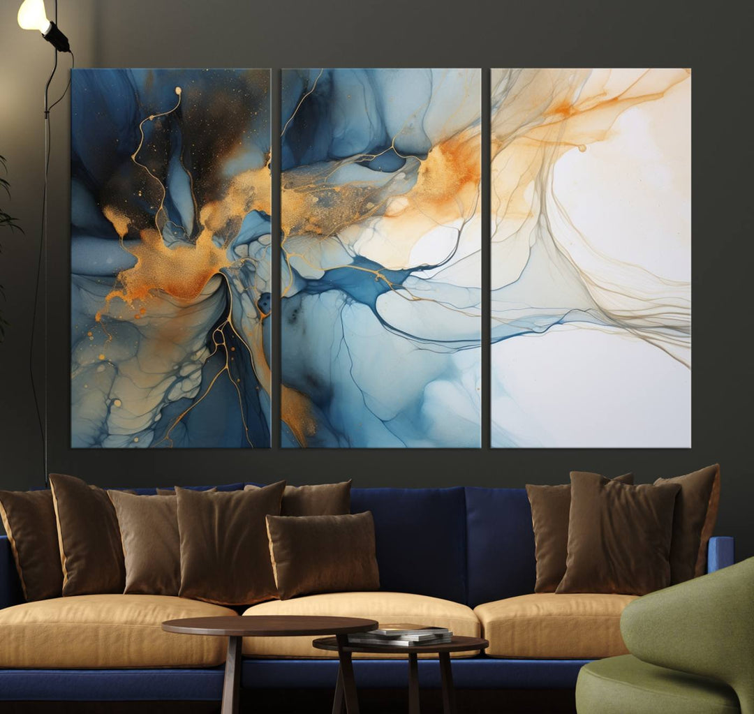 Art mural abstrait bleu marine orange, impression abstraite, impression sur toile abstraite