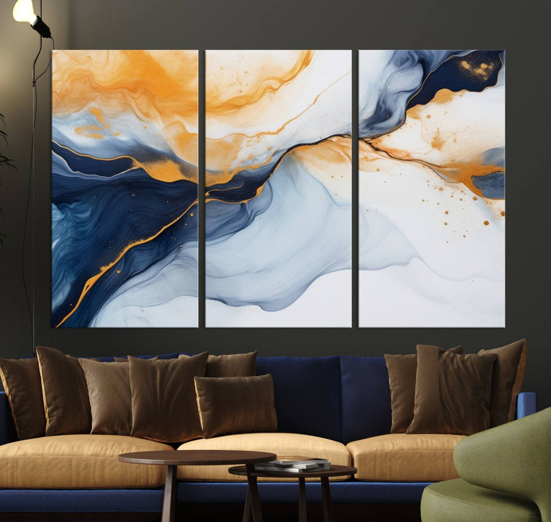 Modern living room featuring the 'Extra Large Orange Navy Blue Abstract Wall Art Canvas Print.'