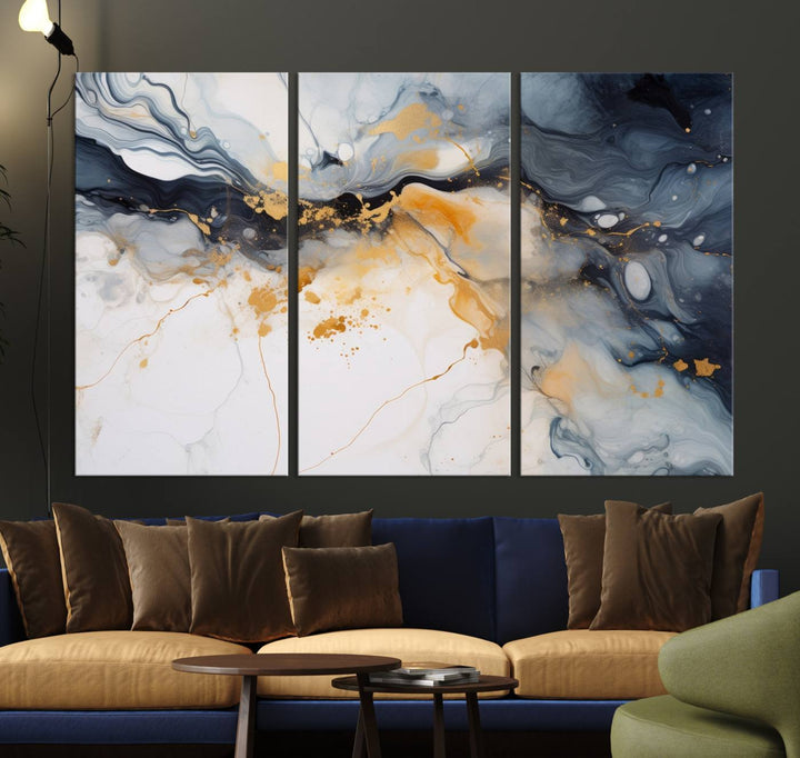 The Dark Blue and Orange Abstract Wall Art, featuring museum-quality canvas with captivating dark and golden swirls, is ready to hang and boasts a UV-protective coating to ensure enduring vibrancy and sophistication.