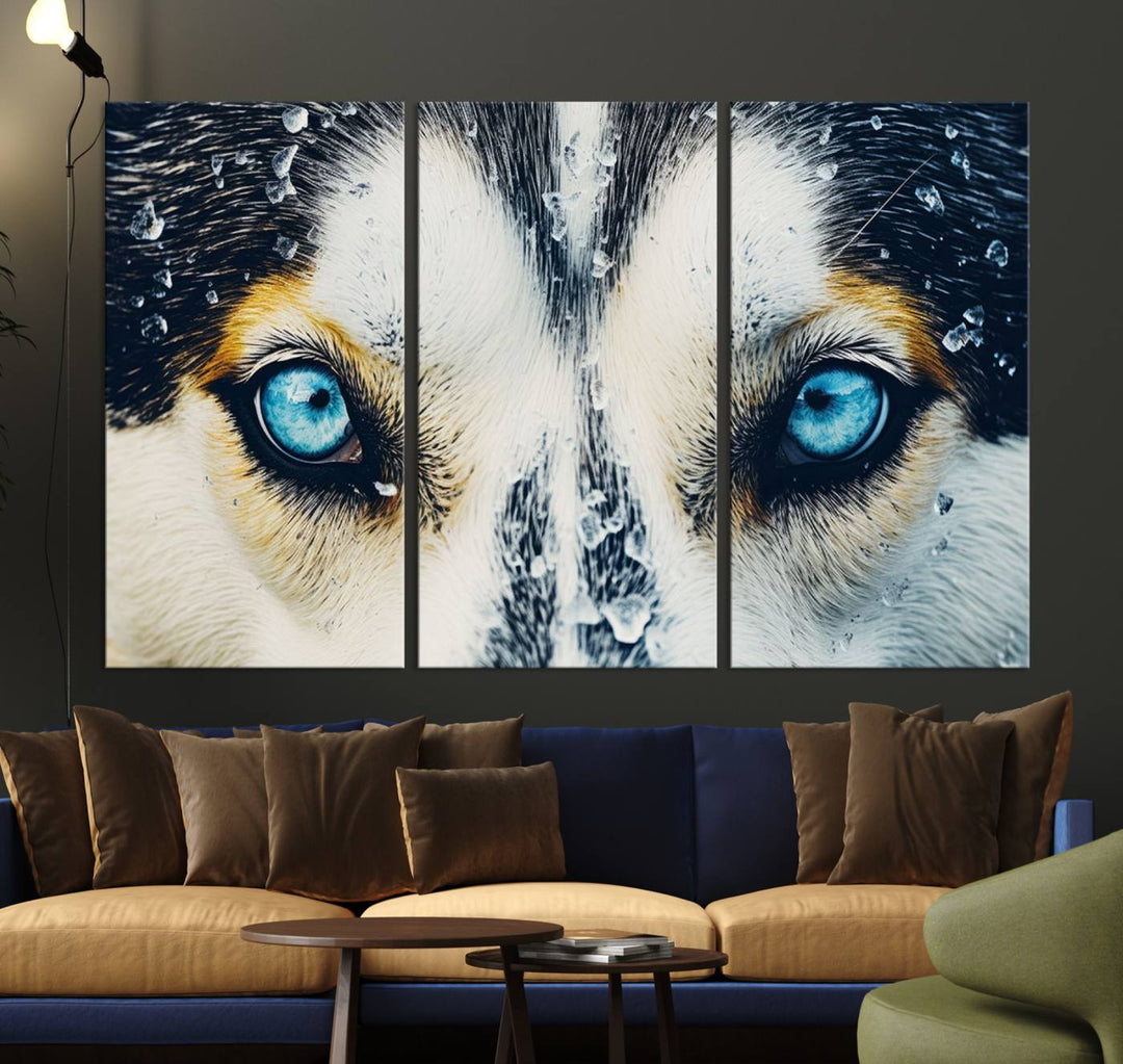 The captivating "Winter Siberian Husky Wolf EYE Wall Art Canvas Print" showcases the striking blue eyes of the animal portrait.