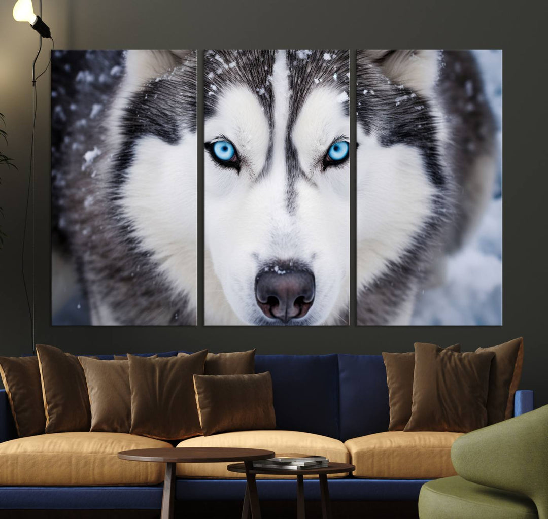 A large framed Winter Siberian Husky Wolf Wall Art Canvas Print, an exquisite piece of animal portrait decor, hangs prominently on the wall.