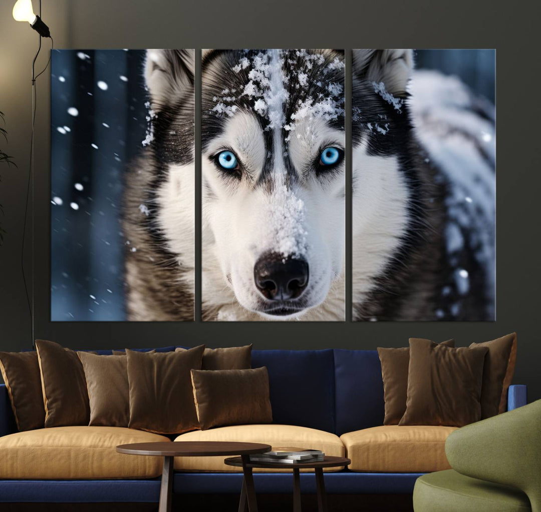 A digital art piece titled "Winter Siberian Husky Wolf Wall Art Canvas Print" showcases a blue-eyed husky blanketed in snow. Printed on high-quality canvas, it is an ideal choice for nature and dog enthusiasts.