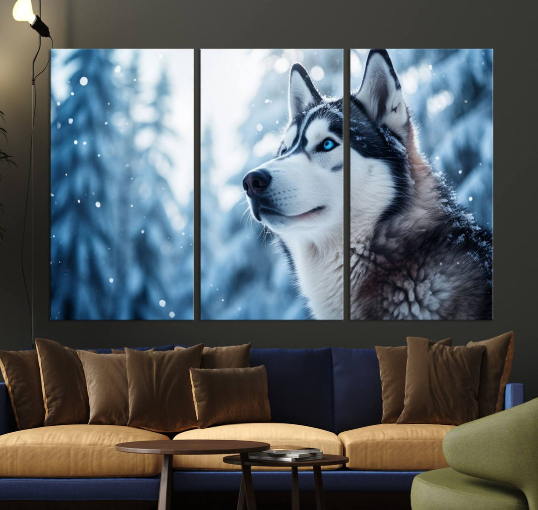 The "Winter Siberian Husky Wolf Wall Art Canvas Print" is elegantly displayed, enhancing the room's cozy ambiance in a snowy forest setting.