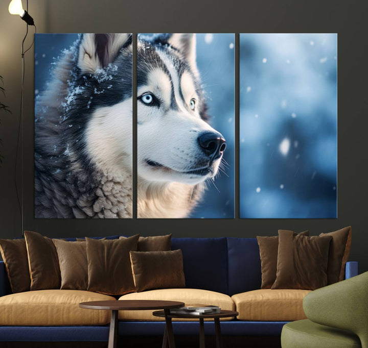 The space above the sofa features the Winter Siberian Husky Wolf Wall Art Canvas Print, creating a stunning snowy scene.