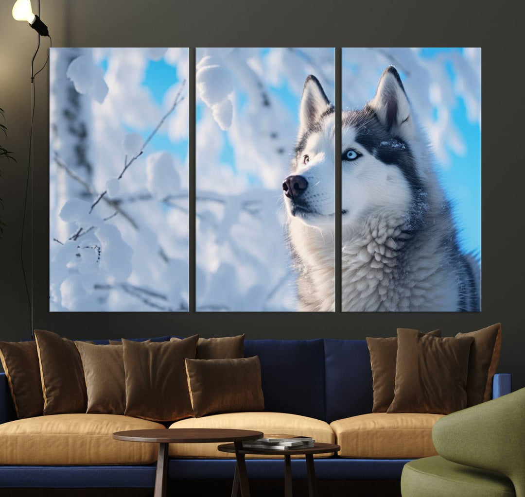 The Siberian Husky Art Canvas elegantly enhances the room.