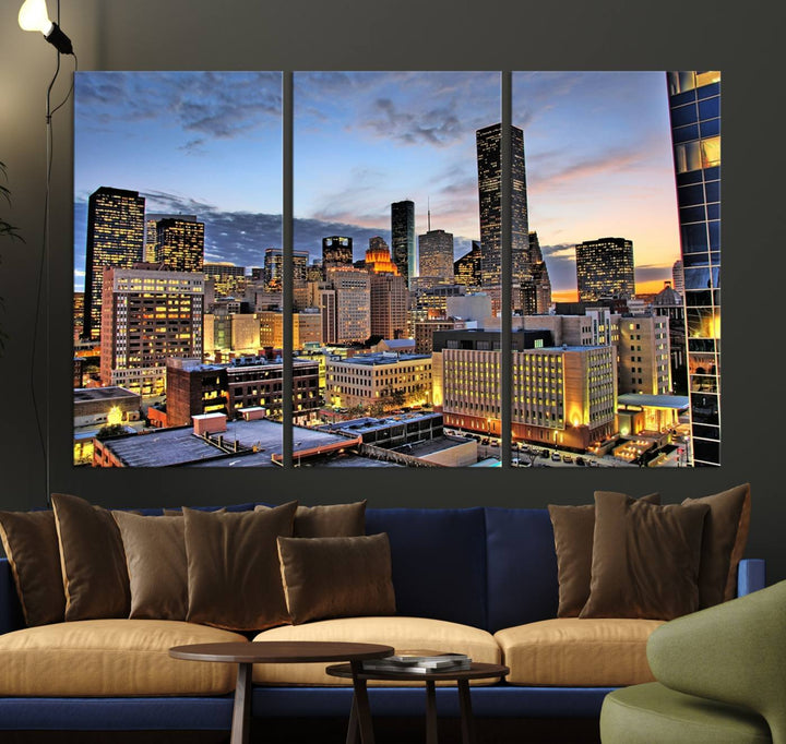 The modern living room features the Houston Wall Art Canvas Print on the wall. This professional craftsman framed masterpiece depicts a cityscape and is created with museum-quality polycotton canvas, ensuring a polished look that enhances its elegant charm.