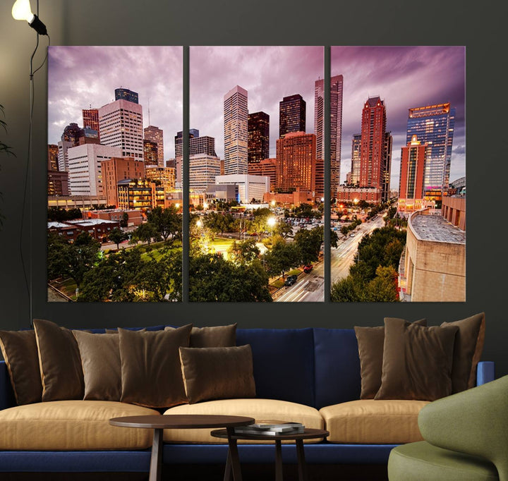 The Houston Wall Art Canvas Print in the living room displays a vibrant city skyline at twilight on museum-quality canvas with UV-protective coating.