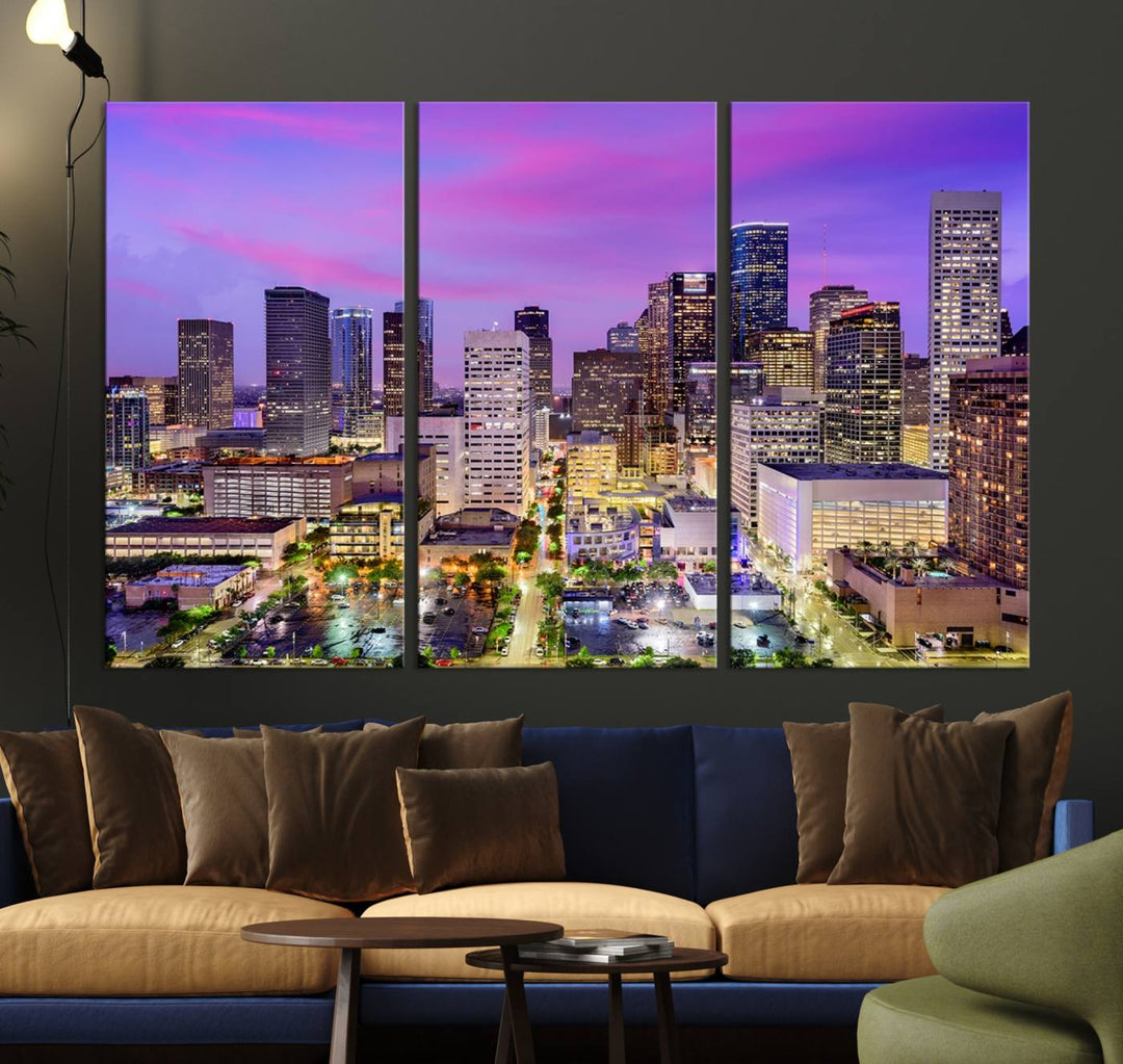 Houston Wall Art Canvas Print showcasing a vibrant cityscape at dusk on museum-quality canvas, expertly crafted by professional craftsmen.