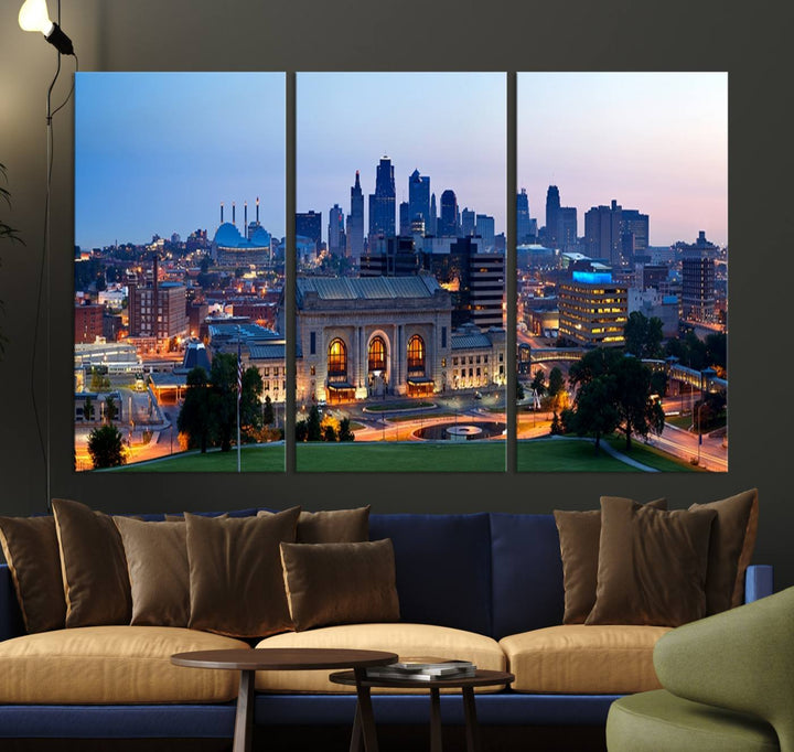 The Kansas City Skyline Canvas Wall Art Print hangs above, showcasing an iconic dusk cityscape with a historic building in the foreground, exuding urban sophistication.