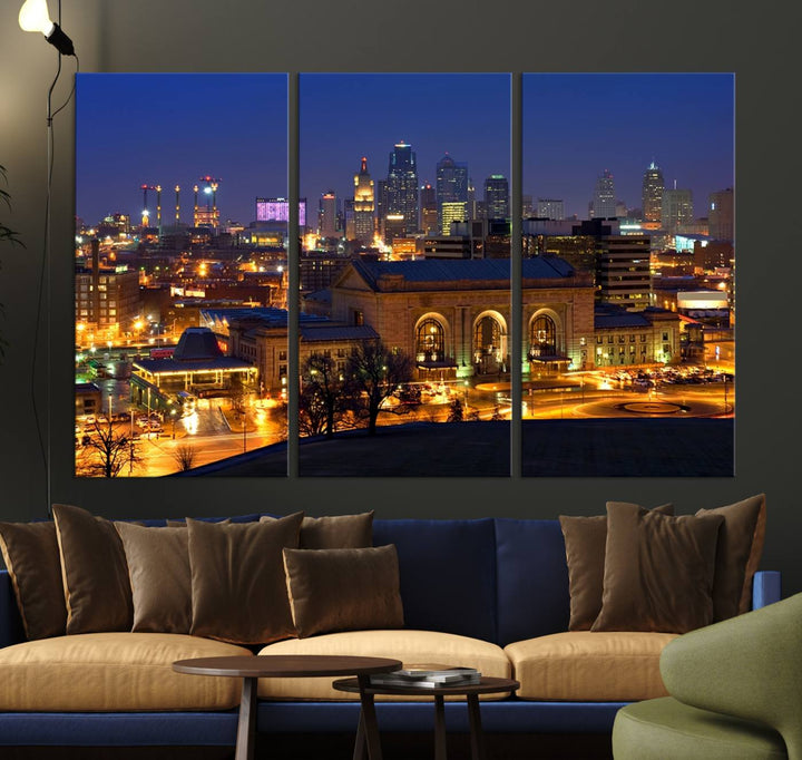 The Kansas City Night Canvas Print Wall Art creates a scene as captivating as museum-quality art, showcasing a city skyline at night with illuminated buildings.