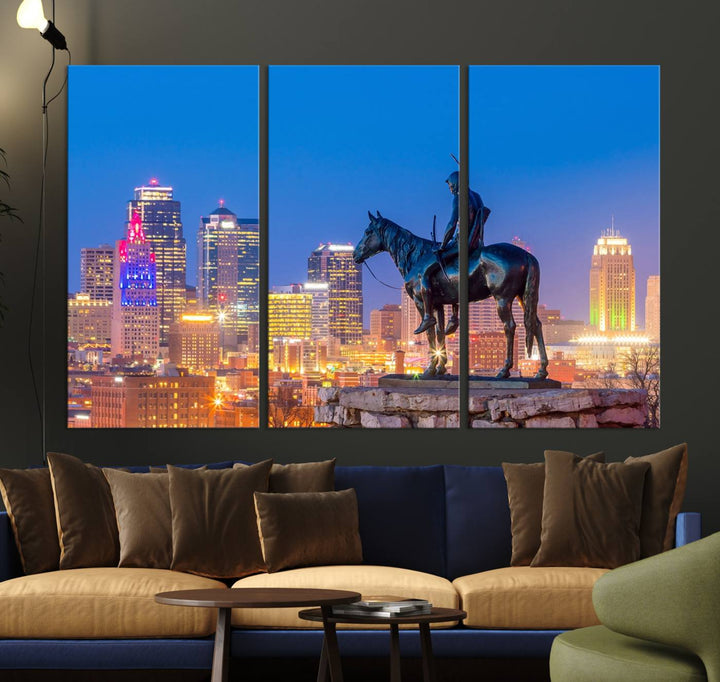 A large Kansas City Night Canvas Print Wall Art adorns the wall, gallery wrapped and finished with a UV-protective coating for lasting vibrancy.