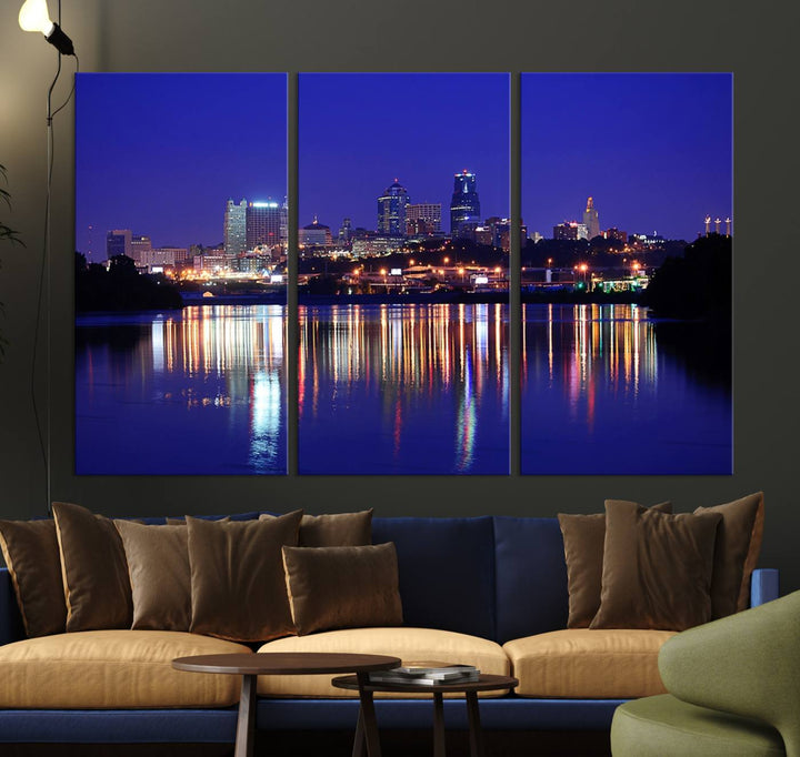 The Kansas City Night Canvas Print Wall Art captures the shimmering city skyline on the calm water, where every detail resembles a museum-quality polycotton masterpiece.