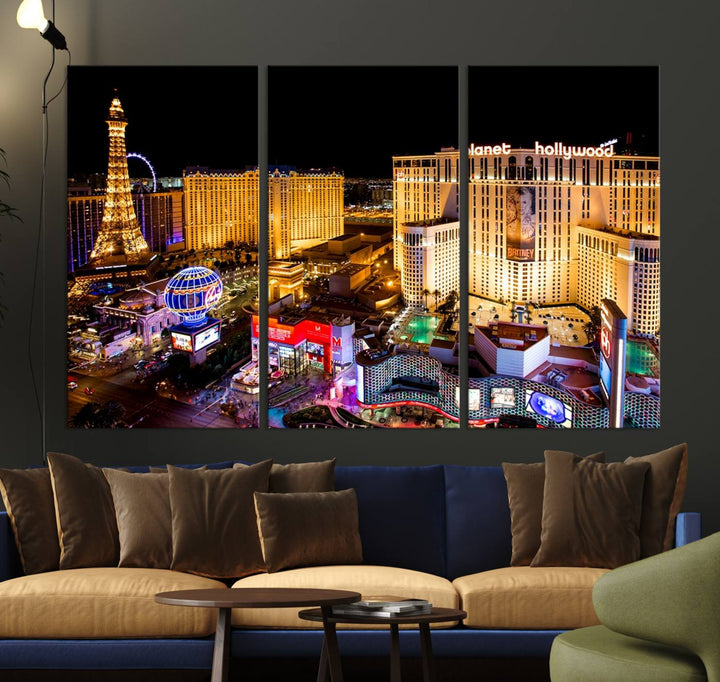 The Las Vegas Wall Art Canvas Print is a triptych set that showcases a stunning night view of Las Vegas. The illuminated buildings and the iconic faux Eiffel Tower add elegance to any space. Each piece comes with a UV-protective coating and is ready to hang, ensuring both style and durability.