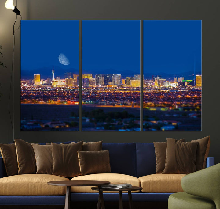 The Las Vegas Wall Art Canvas Print, depicting a city skyline at night, enhances a modern living room with its museum-quality canvas. This triptych comes ready to hang and boasts a UV-protective coating for lasting brilliance.