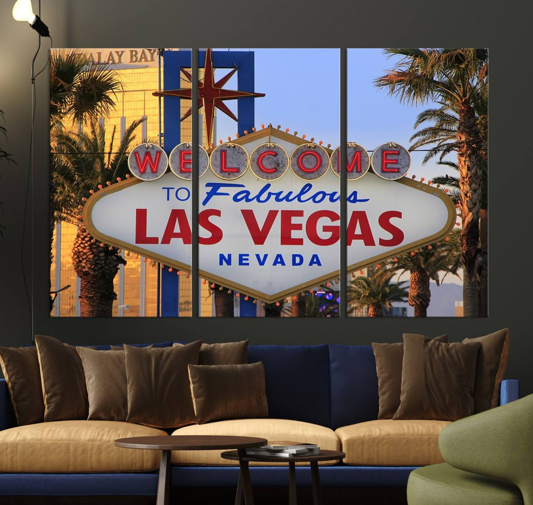 A Las Vegas Wall Art Canvas Print hangs on the wall, showcasing the iconic Welcome to Fabulous Las Vegas, Nevada sign. The museum-quality canvas guarantees vibrant colors with its UV-protective coating and is available with free shipping for added convenience.