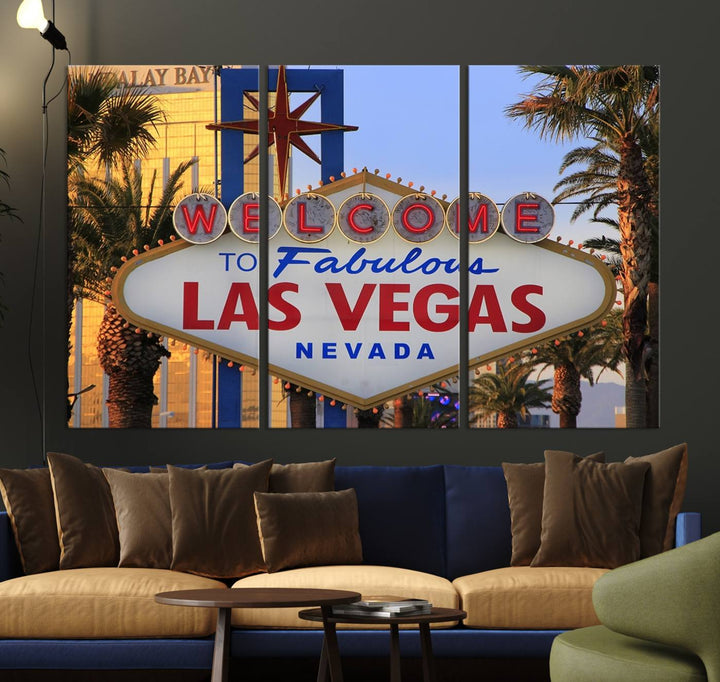 A Las Vegas Wall Art Canvas Print hangs on the wall, showcasing the iconic Welcome to Fabulous Las Vegas, Nevada sign. The museum-quality canvas guarantees vibrant colors with its UV-protective coating and is available with free shipping for added convenience.