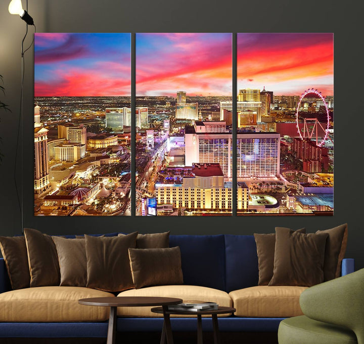 Las Vegas Wall Art Canvas Print depicting a vibrant cityscape at dusk on museum-quality canvas with a UV-protective coating, showcasing a skyline with colorful clouds.