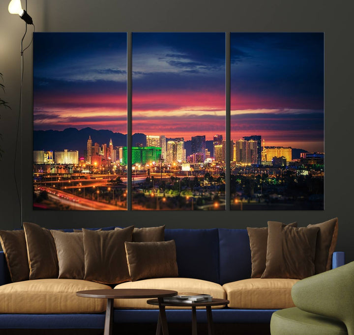 The living room is adorned with the Las Vegas Wall Art Canvas Print, a triptych showcasing a cityscape at sunset. This piece is crafted on museum-quality canvas and protected by a UV-coated finish, highlighting the craftsmanship of a skilled professional.