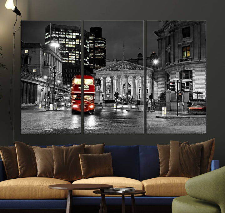 The London Night Red Bus Wall Art Canvas Print features a black and white cityscape with a moving red double-decker bus, crafted on museum-quality canvas with a UV-protective coating. This ready-to-hang artwork is designed to stand out and enhance any space.