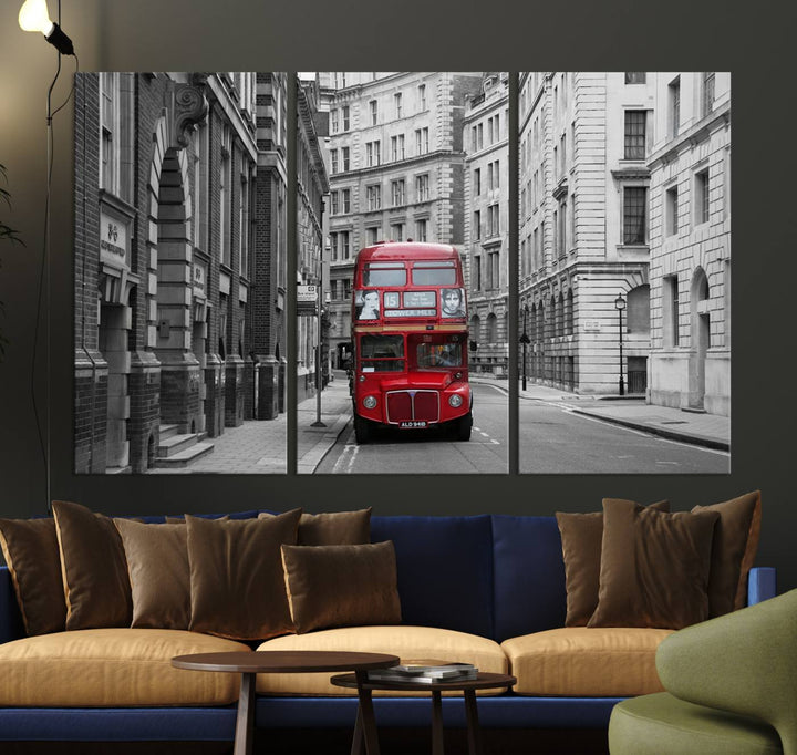 The living room features museum-quality London Red Bus Wall Art, showcasing a split canvas print of a red bus on a black and white city street. This artwork is ready to hang and includes a UV-protective coating to ensure long-lasting vibrance.