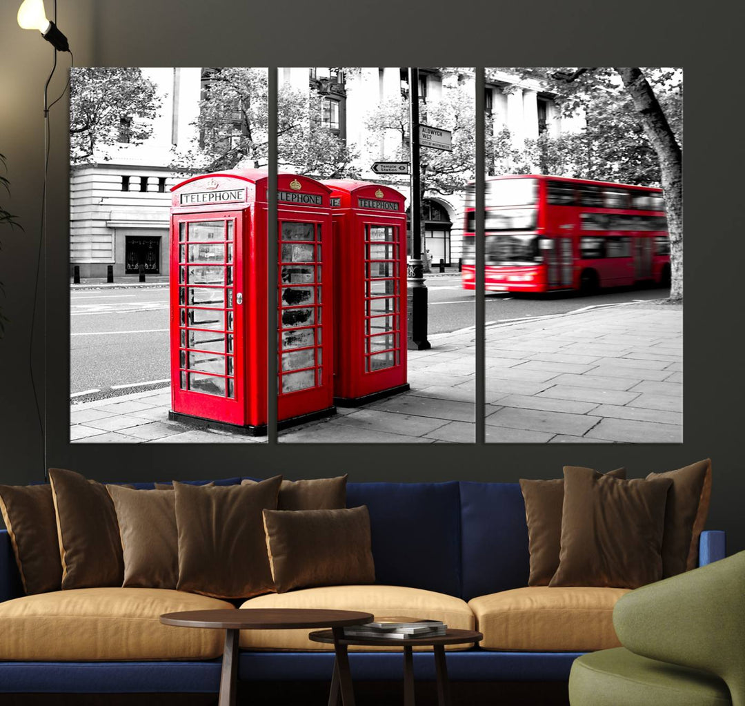 The London Red Bus and Phone Club Wall Art, a vivid night canvas print featuring iconic red buses and phone booths, is elegantly showcased on gallery-wrapped, museum-quality material. With its UV-protective coating, this captivating piece infuses your space with the charm of London.