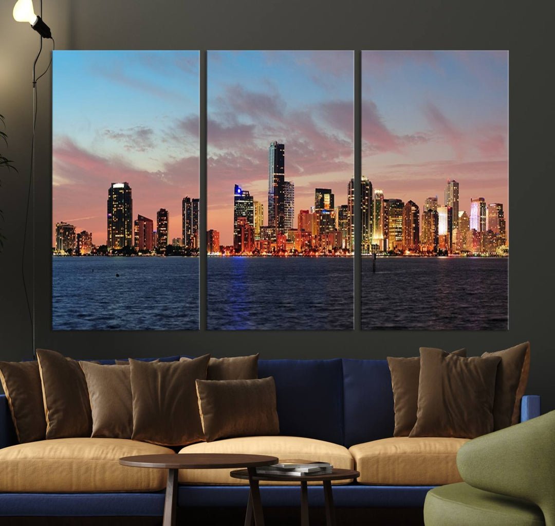 The Wall Art MIAMI Canvas Print emphasizes a vibrant cityscape at sunset. This artwork is presented on museum-quality canvas with gallery-wrapped edges, ensuring it stands out while maintaining its pristine condition for years to come.