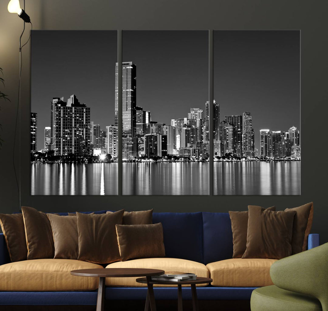 The Miami City Wall Art Canvas Print, a stunning triptych of the Miami skyline, elegantly hangs in this modern living room.