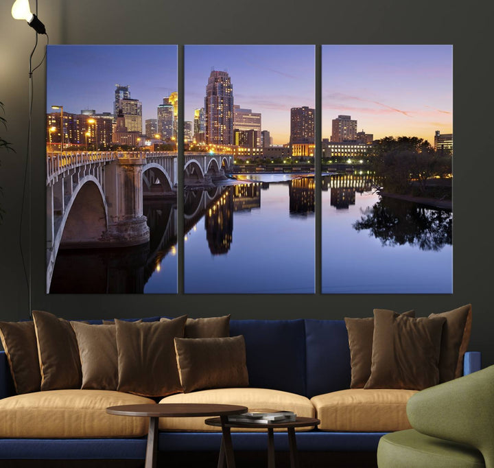 Display the Minneapolis Wall Art Canvas Print, featuring the Minnesota cityscape at dusk, on gallery-wrapped, museum-quality canvas.