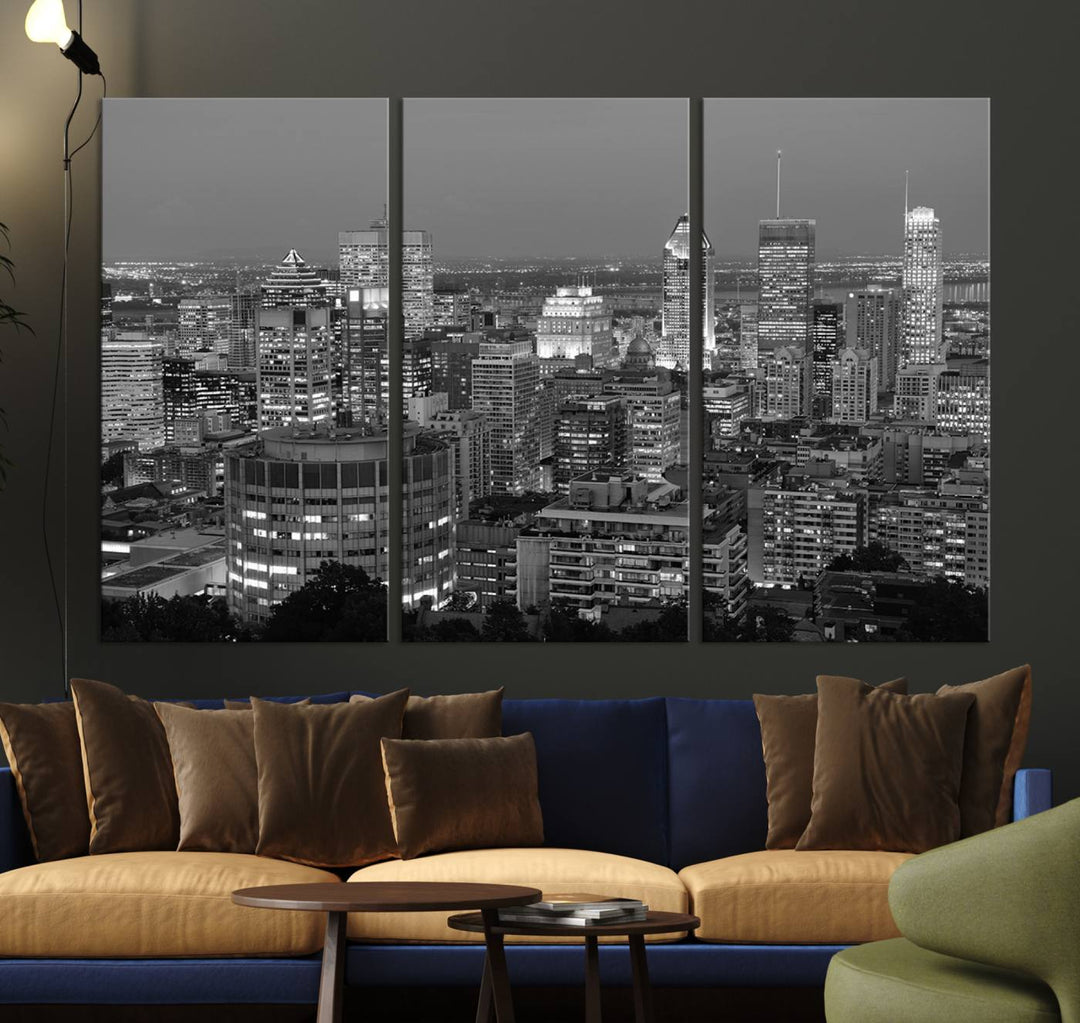 The gallery-wrapped, museum-quality canvas print features the Montreal Canada City Wall Art, showcasing a cityscape at night in black and white.