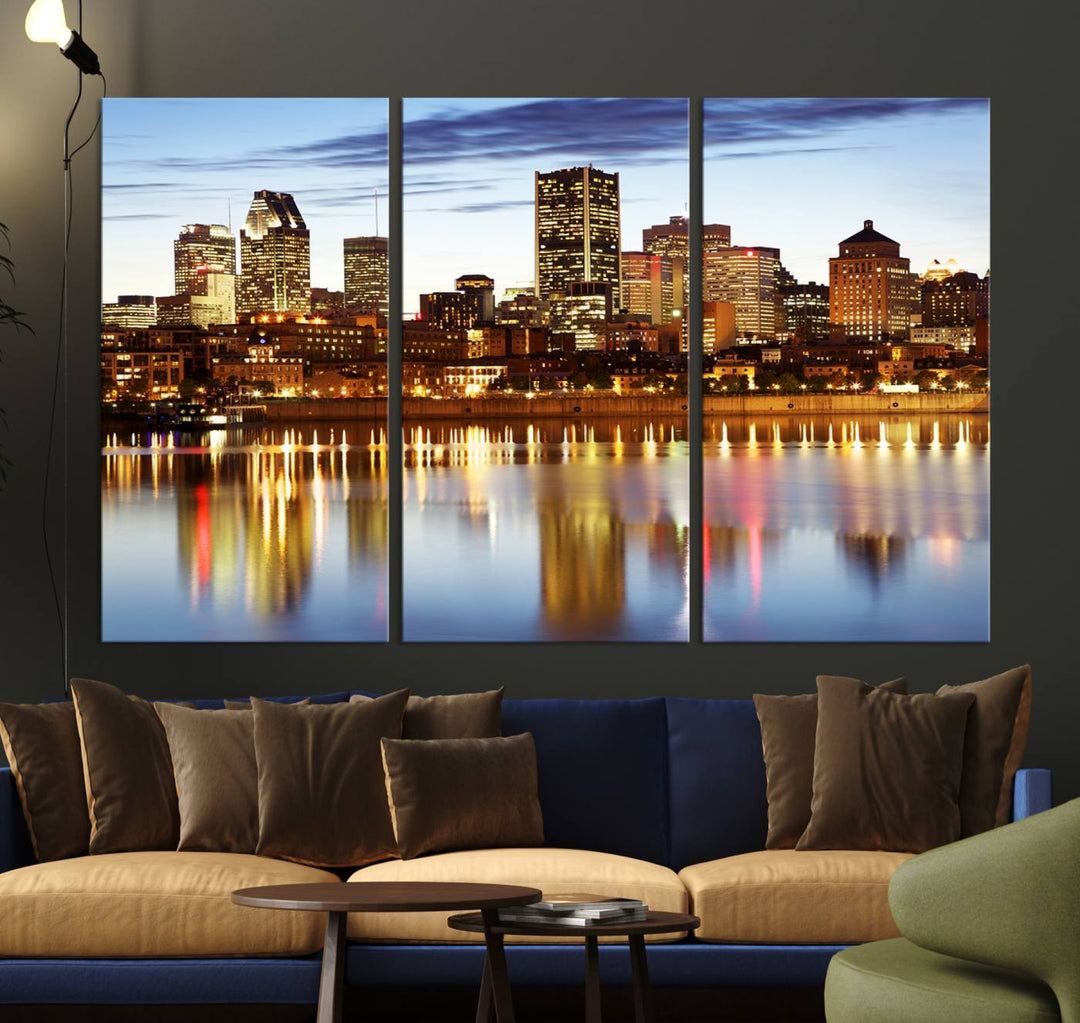 A Montreal Canada City Wall Art Canvas Print, depicting the cityscape at dusk and reflecting in calm waters, is crafted with museum-quality canvases and a UV-protective coating. This remarkable piece guarantees vibrant colors that remain stunning and ready to hang for years to come.