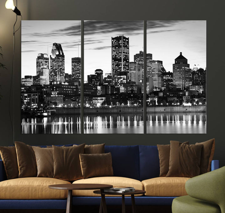 The contemporary living room features the Montreal Canada City Wall Art Canvas Print, an elegantly gallery-wrapped triptych on museum-quality canvas, prominently hung above.