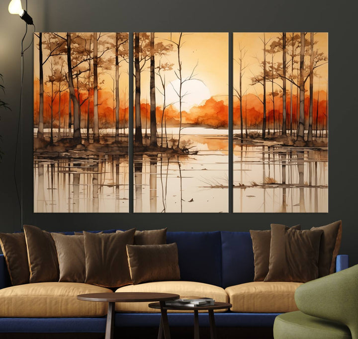 An Abstract Watercolor Trees and Sunset on Lake Wall Art Canvas Print, created on museum-quality canvas.