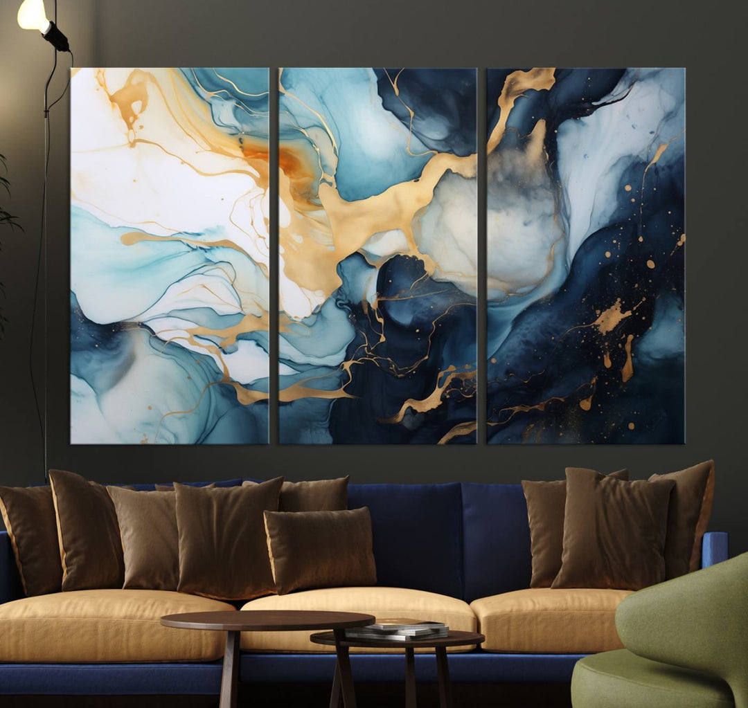 The living room is enhanced by the Marble Fluid Abstract Wall Art Canvas Print, which adds a touch of sophistication.