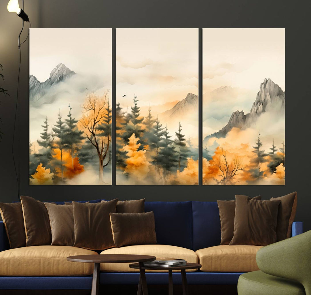 Gallery-wrapped on museum-quality canvas, the Abstract Watercolor Mountains and Trees Autumn painting displays a serene mountain landscape with autumn-colored trees.