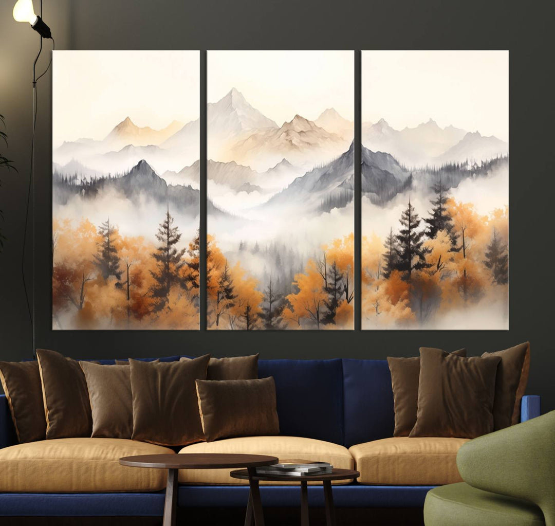 Art mural abstrait aquarelle montagnes et arbres automne