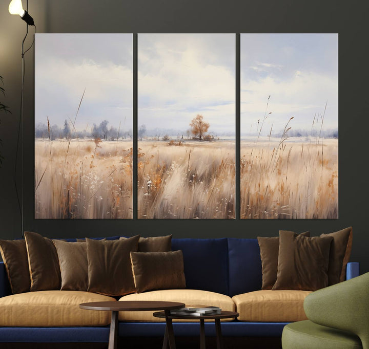 The modern living room features the Golden Fields Canvas Wall Art Print – Serene Landscape of Nature’s Tranquility in Minimalist for Farmhouse Decor, showcasing serene golden fields that enhance the calming ambiance.